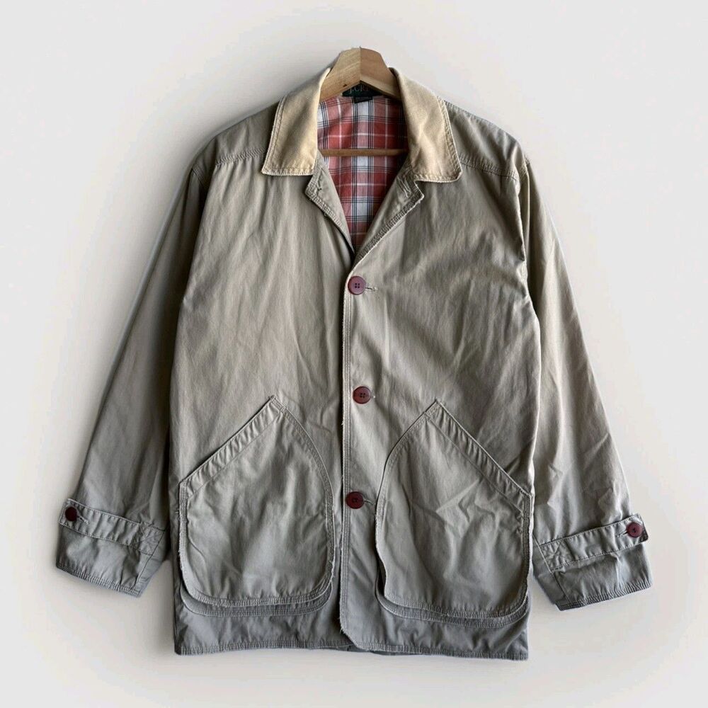 VTG 90's J.Crew Oarsman Chore Coat Men's Beige Plaid Lined Barn Field Jacket XS